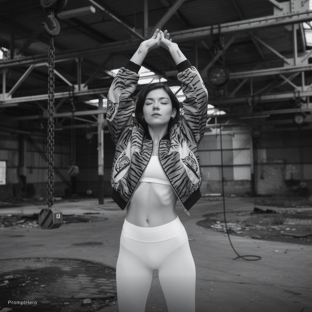 AI generated: dystopian style Black and white fashion photography of a young European woman in her mid-twenties wi...
