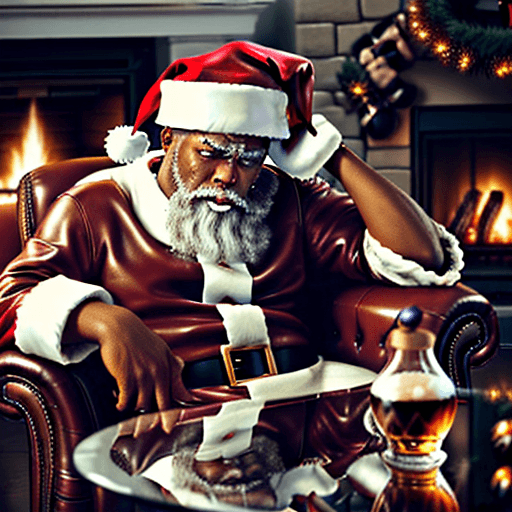 AI generated: 8k, ultra detailed photograph close up, front view frustrated African American Santa, hand on head, ...