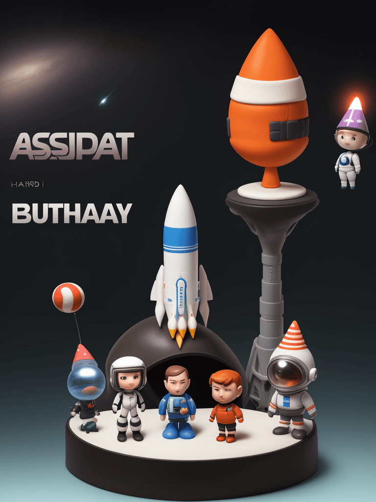 AI generated: astranaut, stationeers, rocket, bobble head, birthday cake