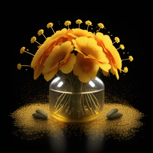 AI generated: biohacker pills with flowers and golden glow on black background

