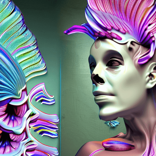 AI generated: Goddess close-up portrait ribcagel. jellyfish phoenix head, nautilus, orchid, skull, betta fish, bio...