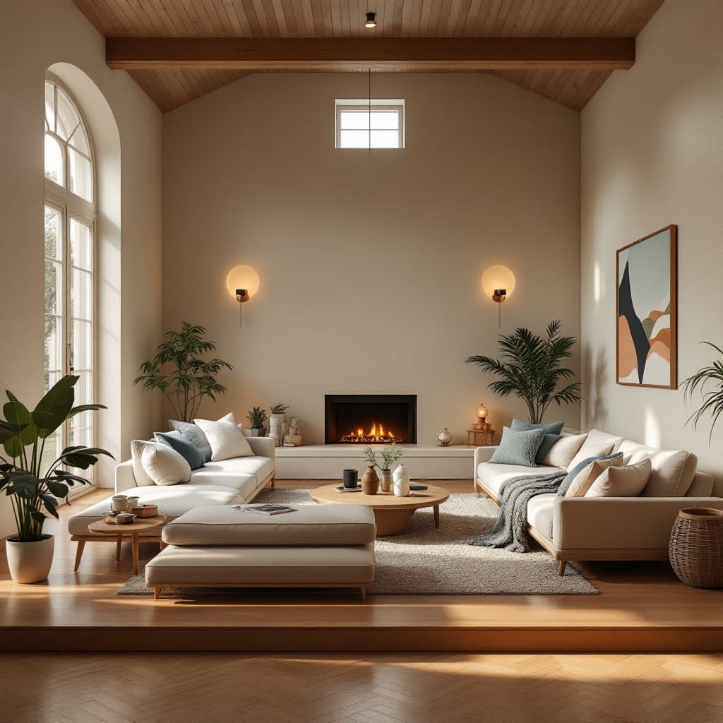 AI generated: High resolution photography interior design, dreamy sunken living room conversation pit, wooden floo...