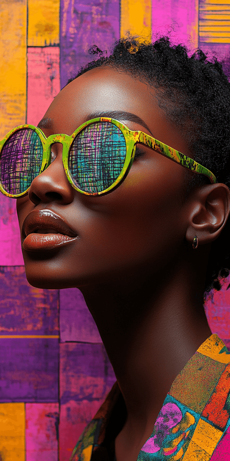 AI generated: A Black woman wearing green sunglasses, surrounded by various patterns and shapes in pink, purple, a...