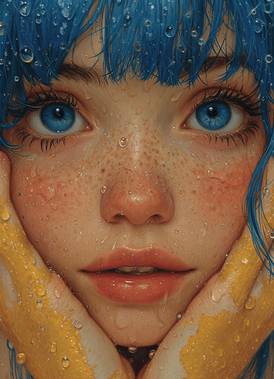 AI generated: illustration of a girl with blue hair, art print, in the style of dark yellow and light azure, water...