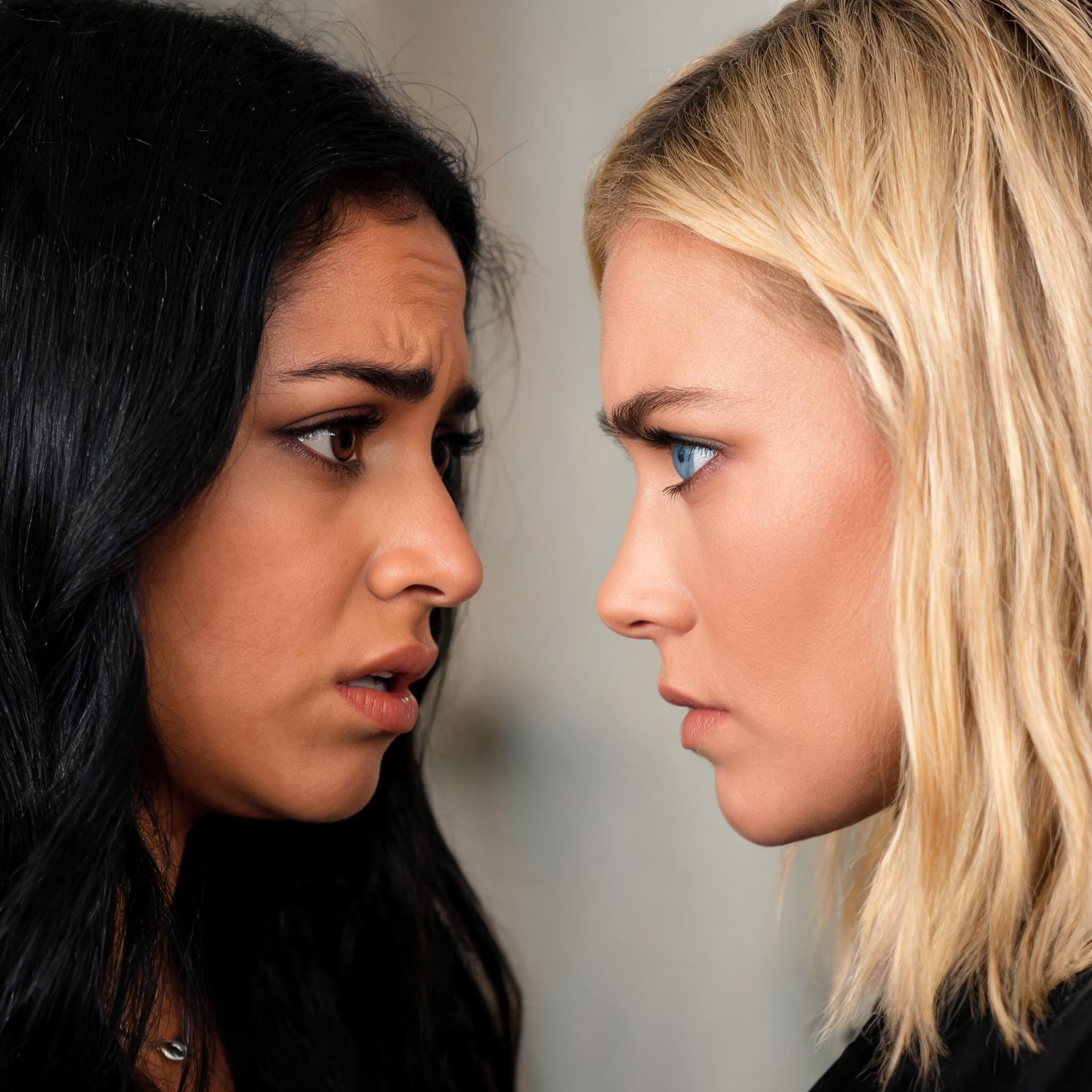 AI generated: a mexican raven haired beauty brown eyes looking at an american blue eyed blonde the blonde looks de...