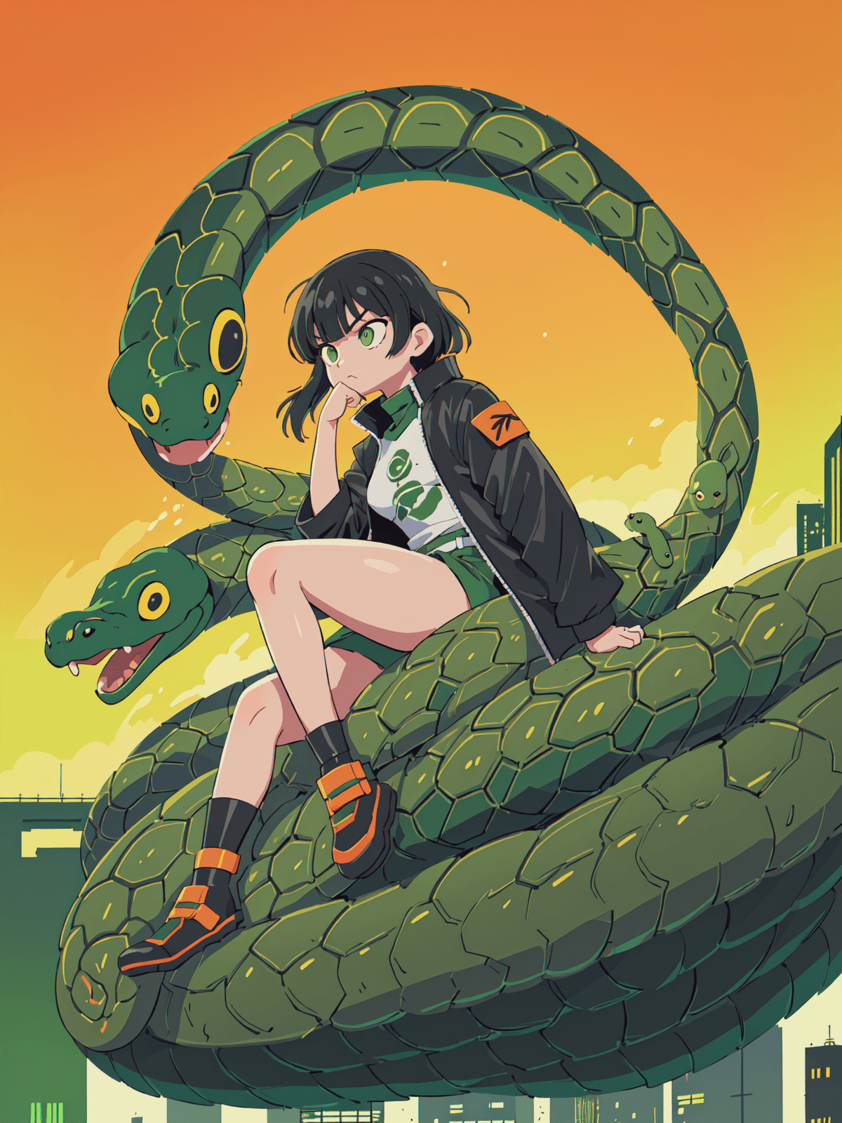 AI generated: art by Katsuhiro Otomo, big black-green a (snake:1.2) and sit girl, Against the backdrop of the city...