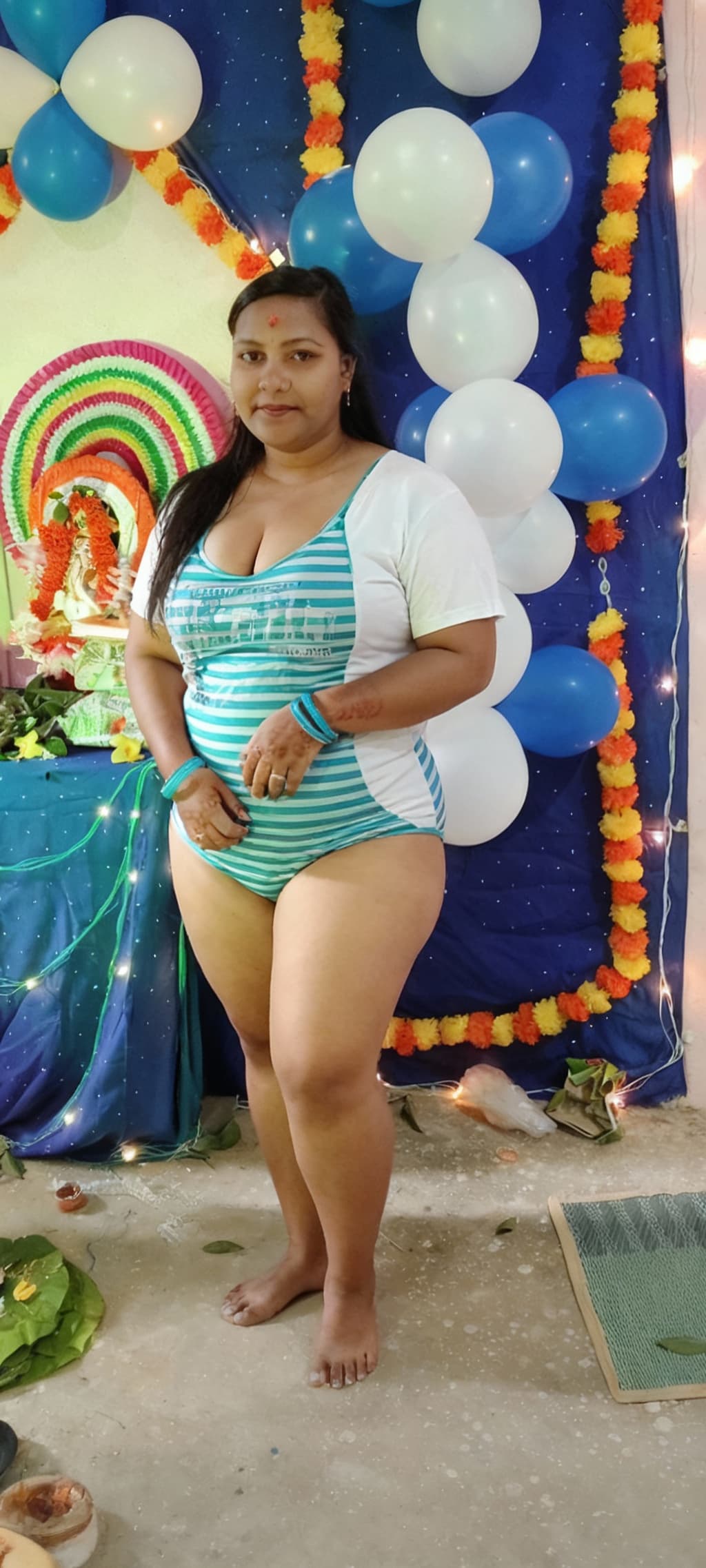 AI generated: looking fat body with swimming dress, tshirt, looking big chest,big hips 