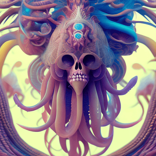AI generated: Goddess close-up portrait ribcagel. jellyfish phoenix head, nautilus, orchid, skull, betta fish, bio...