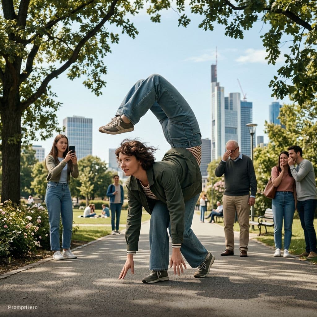 AI generated: A hyper-realistic cinematic scene set in a bright modern city park during daytime. The atmosphere is...