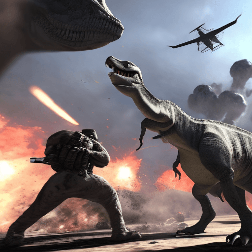AI generated: a cartoon dinosaur fighting in call of duty warzone, HD