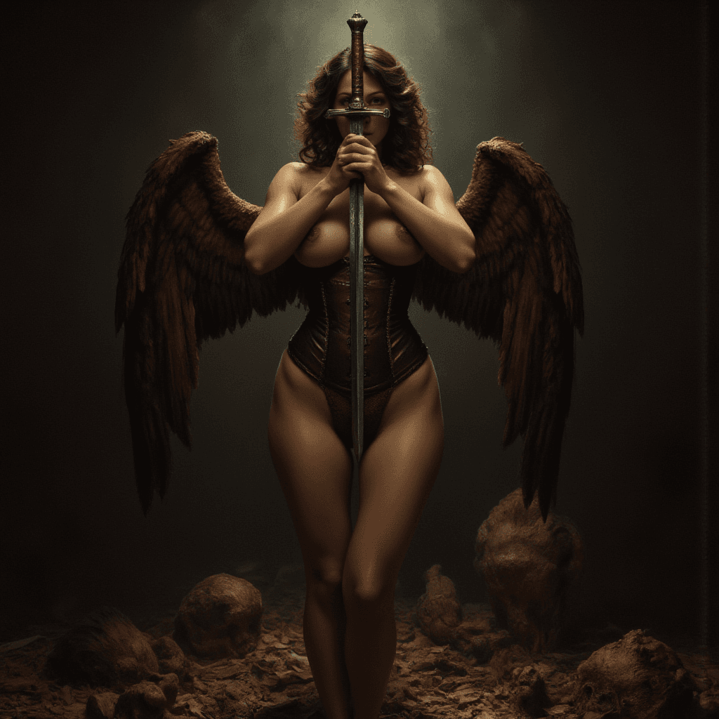 AI generated: Craft an Old Master painting-style image of an archangel who stands with an imposing presence on the...