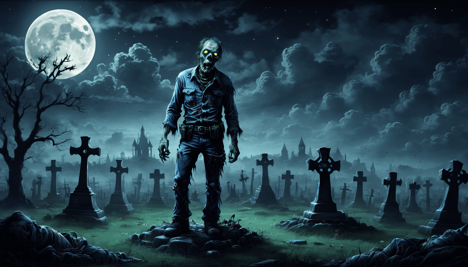 AI generated: Masterpiece, Best Quality, Zombie in a Moonlit graveyard, clouds over the bright Full moon <lora:dan...