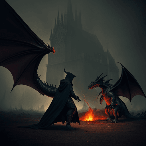 AI generated: Retro Dark Fantasy Gothic Style with grainy background, Hooded Cloak Figure battles an evil dragon, ...