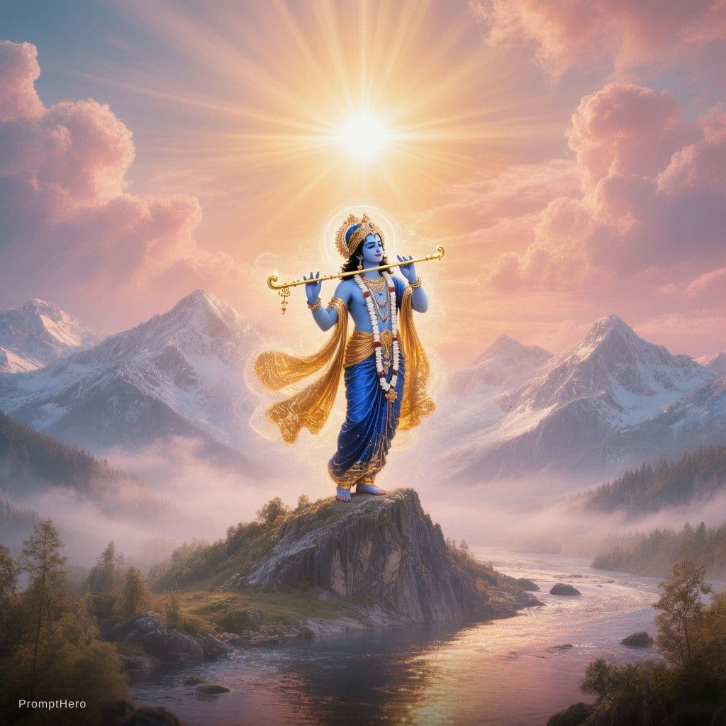 AI generated: A divine cinematic background image of Lord Krishna standing gracefully on a majestic mountain peak ...