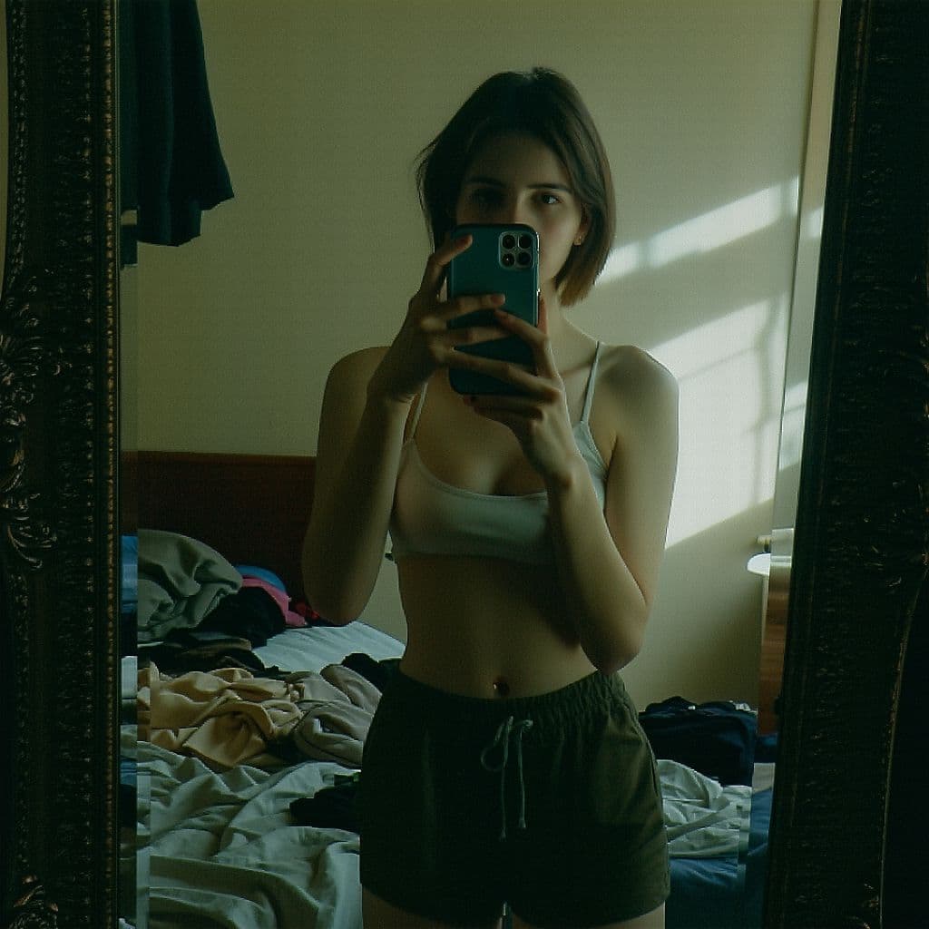 AI generated: A woman stands in front of a mirror, capturing a selfie. The image quality is grainy, with a slight ...