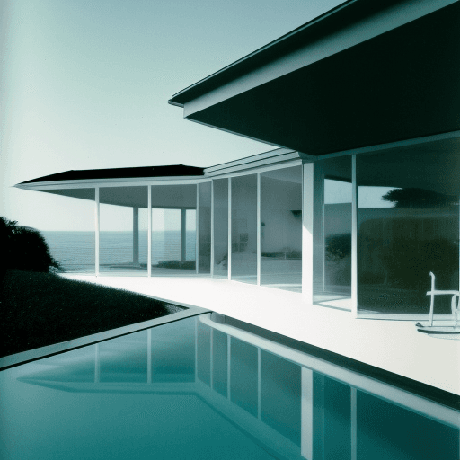 AI generated: Hyper realistic eye level exterior photo of a mid century modern style house overlooking the ocean, ...