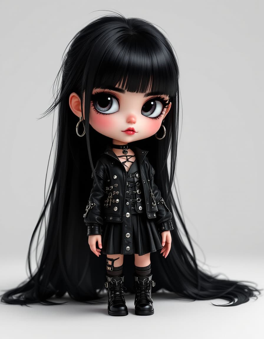 AI generated: Super Goth Girl,  black hair style, realistic render chibi 