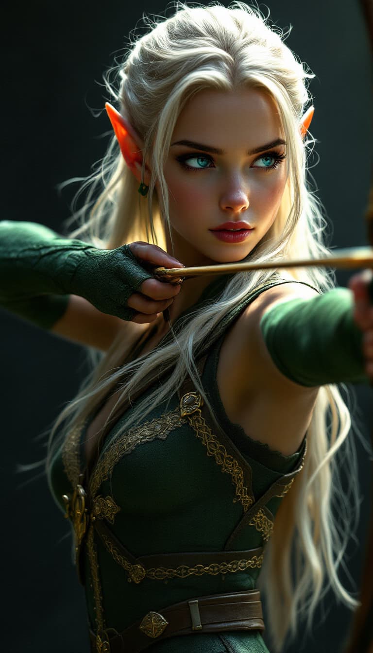 AI generated: A youthful female elf stands poised with intent, her elongated legs and flowing, platinum blonde tre...