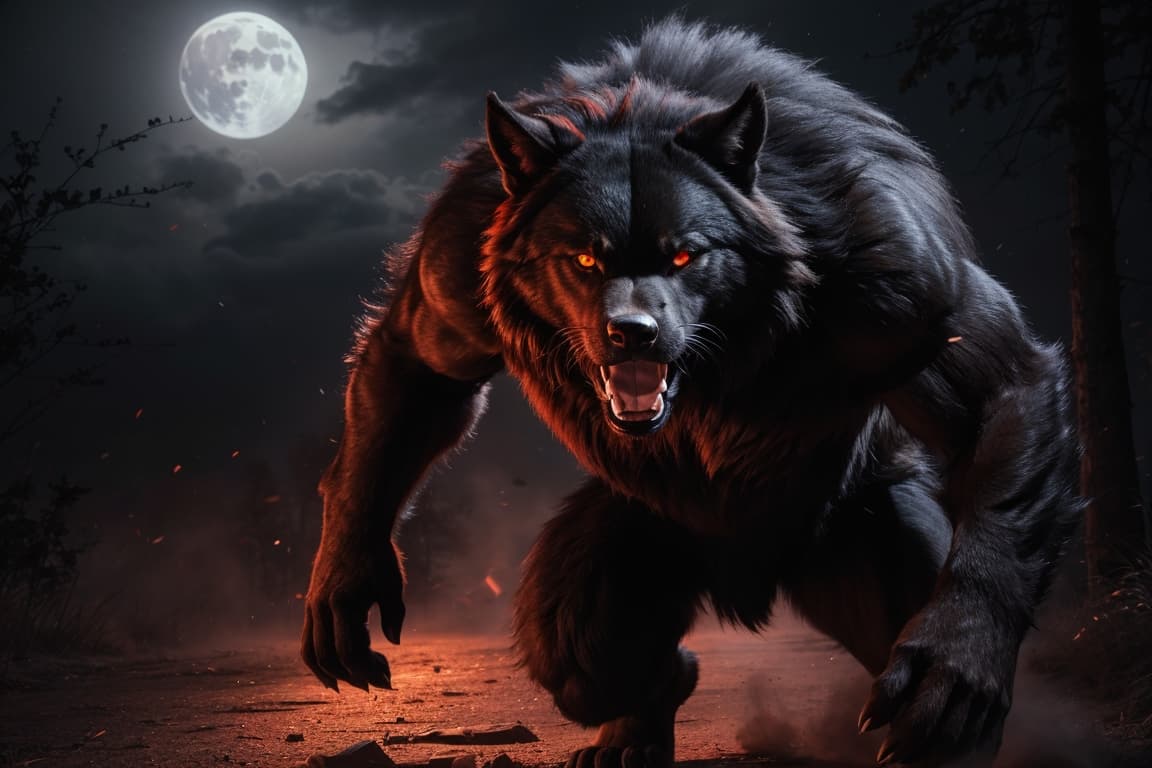AI generated: werewolf big_muscular, glowing_red_eyes, black_fur running in the moon light

