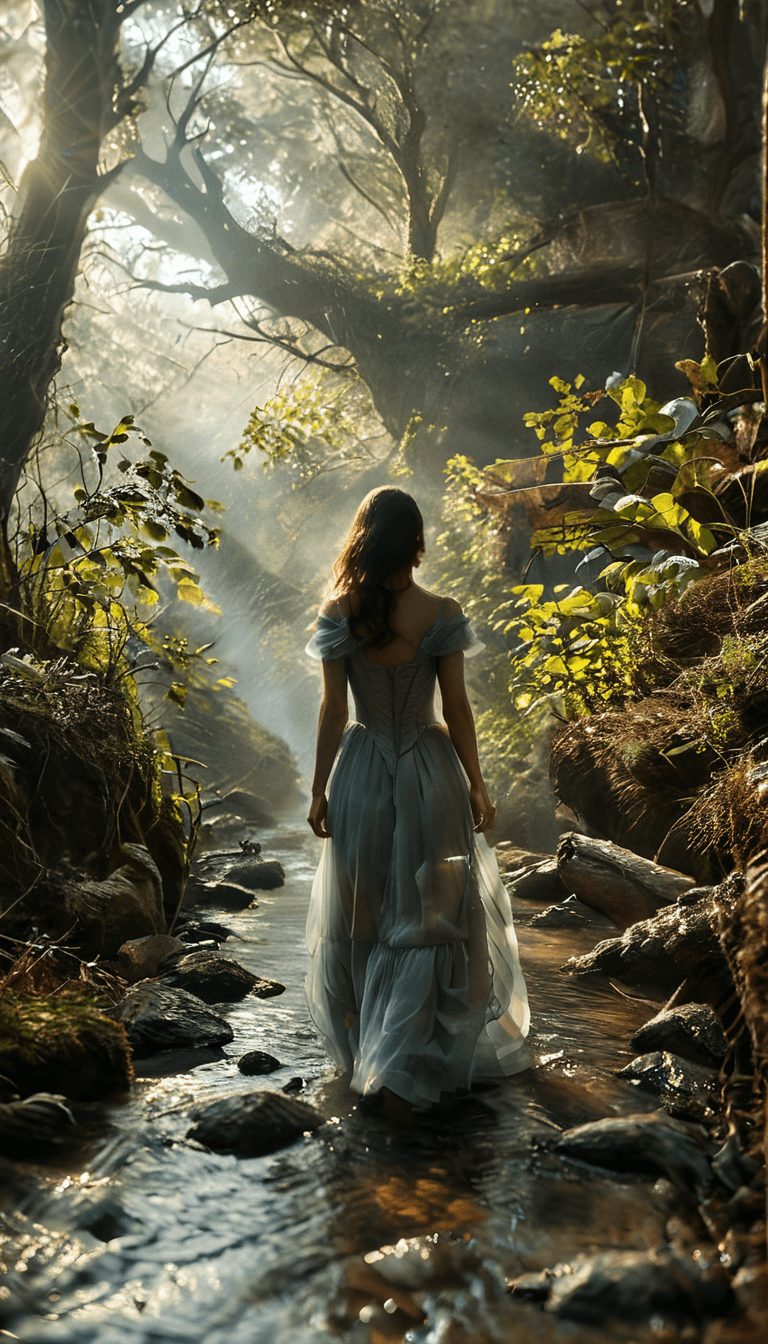 AI generated: enchanted forest, dark, moody, mystical, woman, walking through a stream, long dress, midjourneyv6.1