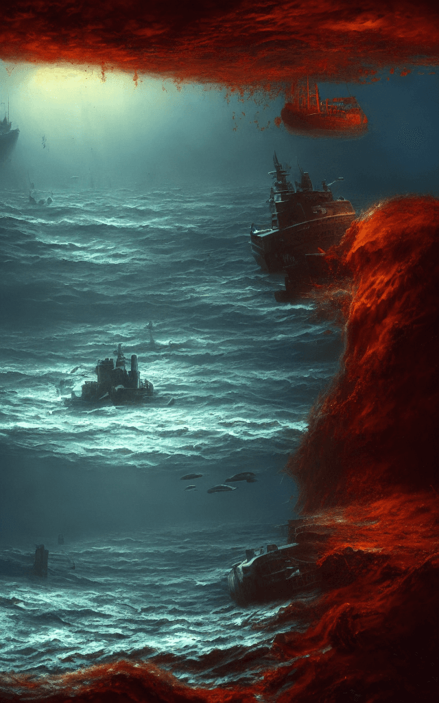 AI generated: an oil painting of the wrecking place of a ship in the bottom of the ocean, cinematic, atmospheric p...