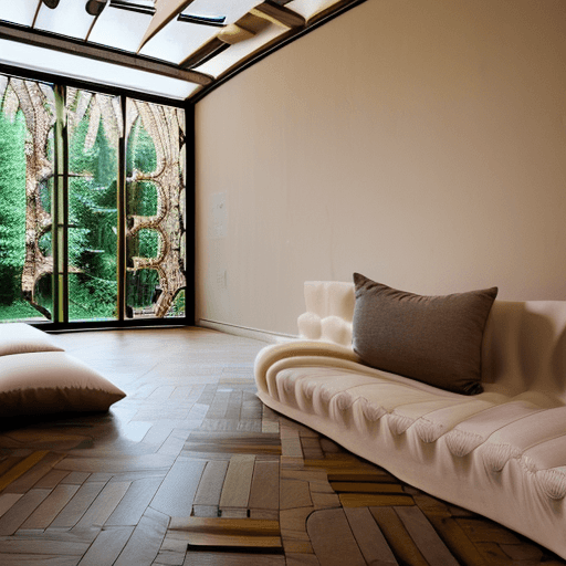 AI generated: High resolution photography interior design, dreamy sunken living room conversation pit, wooden floo...