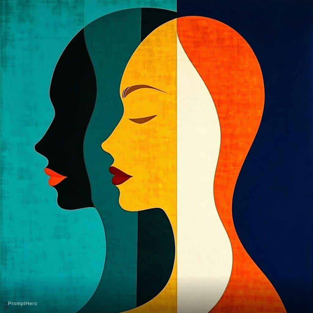 AI generated: modern abstract portrait of two overlapping female profiles facing opposite directions, bold color b...