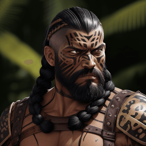 AI generated: He is an Amazon jungle warrior and toned man, with pronounced facial features and a determined and f...