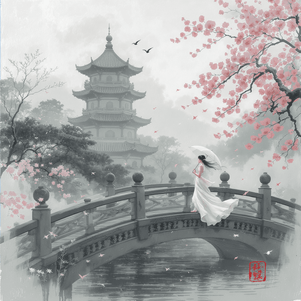 AI generated: A girl in a white dress holding an umbrella, her hair blowing in the wind as she walks on one side o...