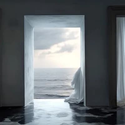AI generated video: The pans left to right of three windows with curtains fluttering, outside gentles waves on a sea