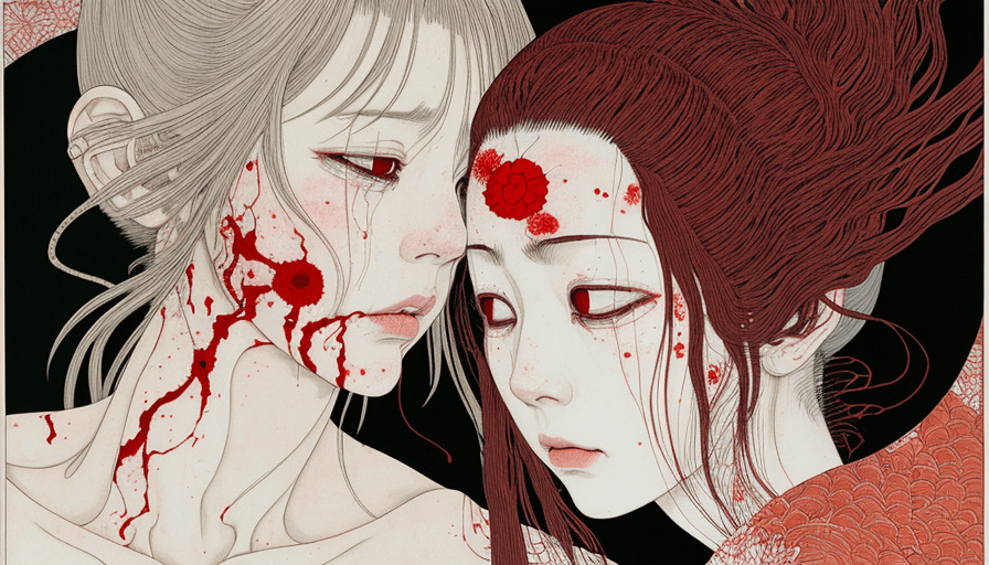 AI generated: Woman crying blood, artwork by Takato Yamamoto and Chika Yamada, very detailed, surrealist art by ta...
