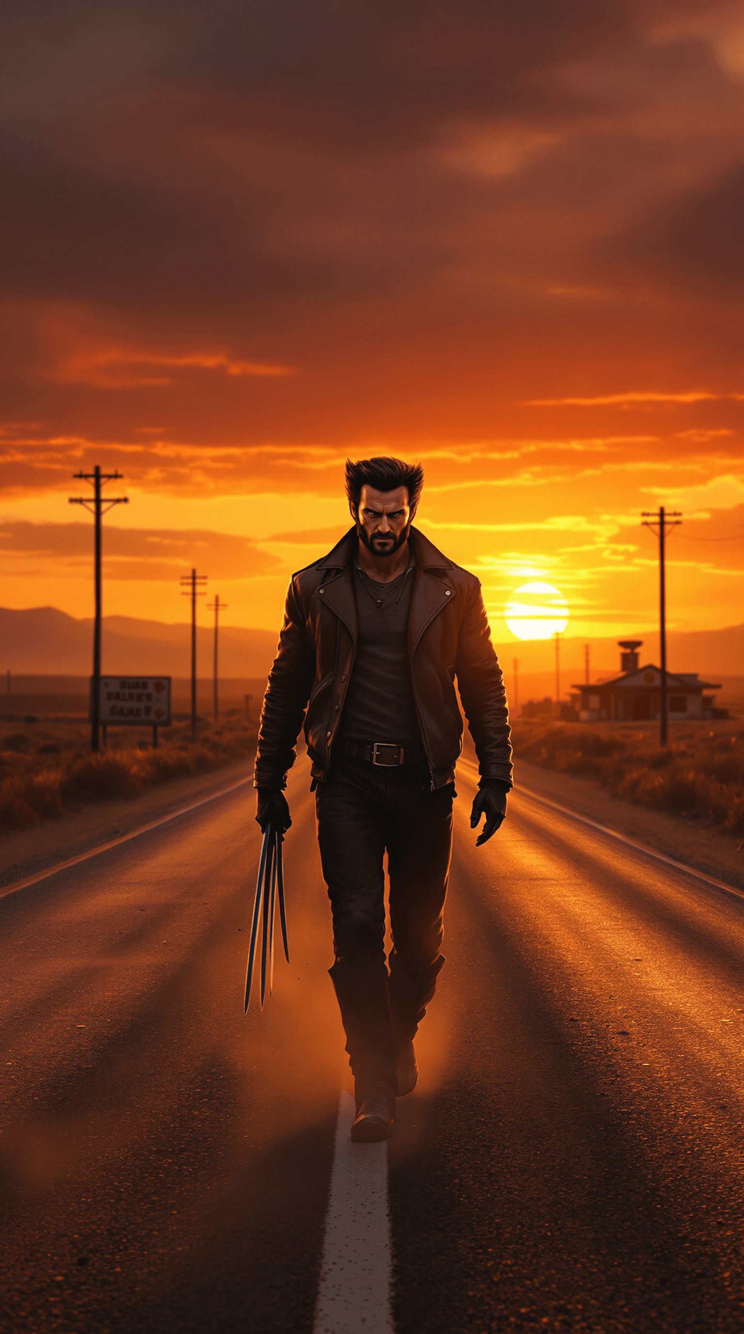 AI generated: A highly detailed and cinematic depiction of Wolverine wandering alone on an endless, desolate road ...