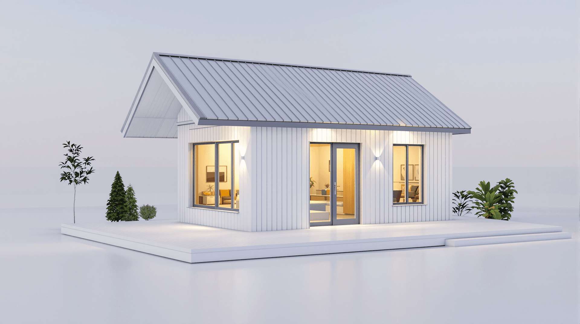 AI generated: A highly detailed CGI rendering of a small, modern house with a white exterior and a grey metal roof...