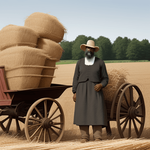 AI generated: Afro-american amish man standing next to a wagon of hay in a farm field with other afro-american ami...