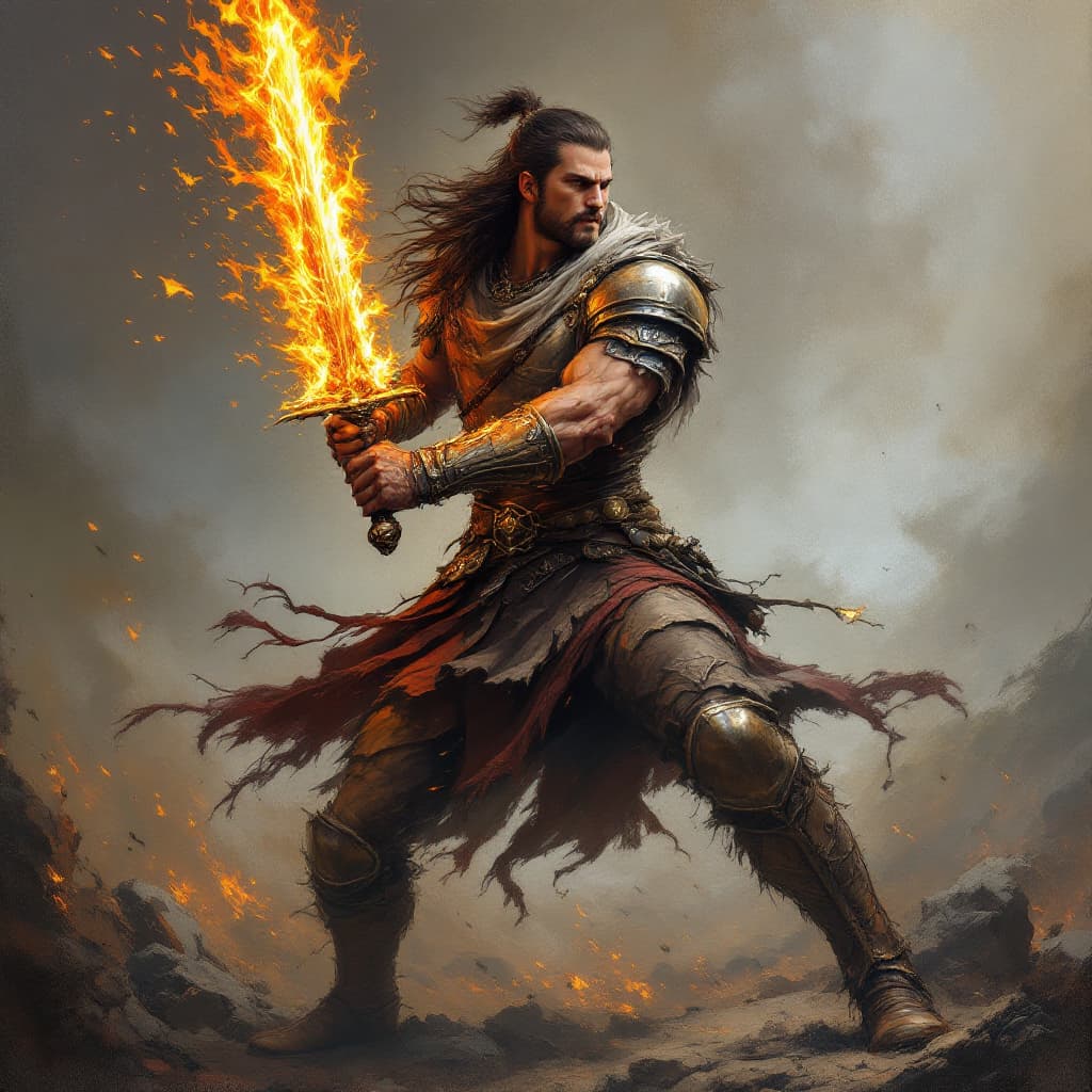 AI generated: medieval fantasy warrior wielding a flaming sword, illustration style, oil paint