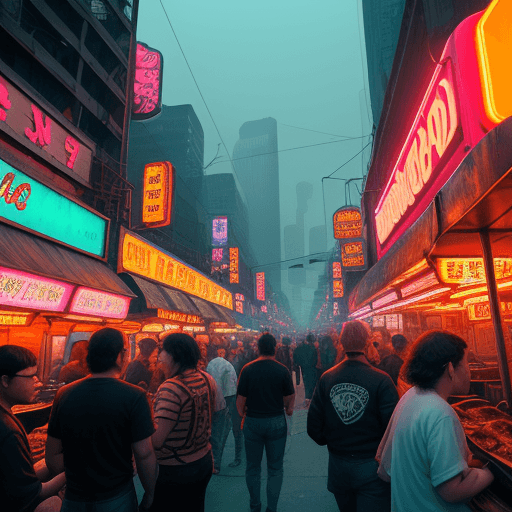 AI generated: The air is thick with the smell of fried street food and the distant hum of hovercars. The neon sign...