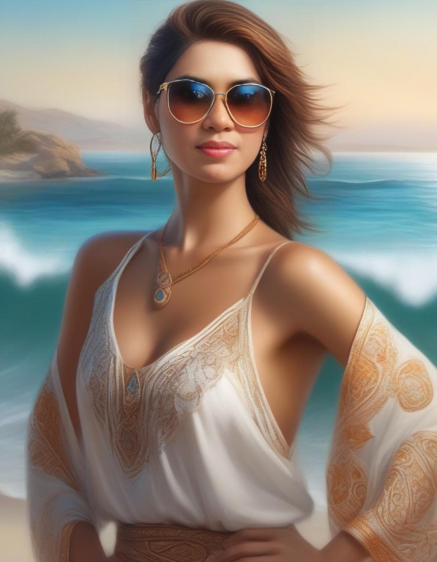 AI generated: a woman wearing sunglasses on a beach near the ocean, an airbrush painting by Jan Tengnagel, pixabay...