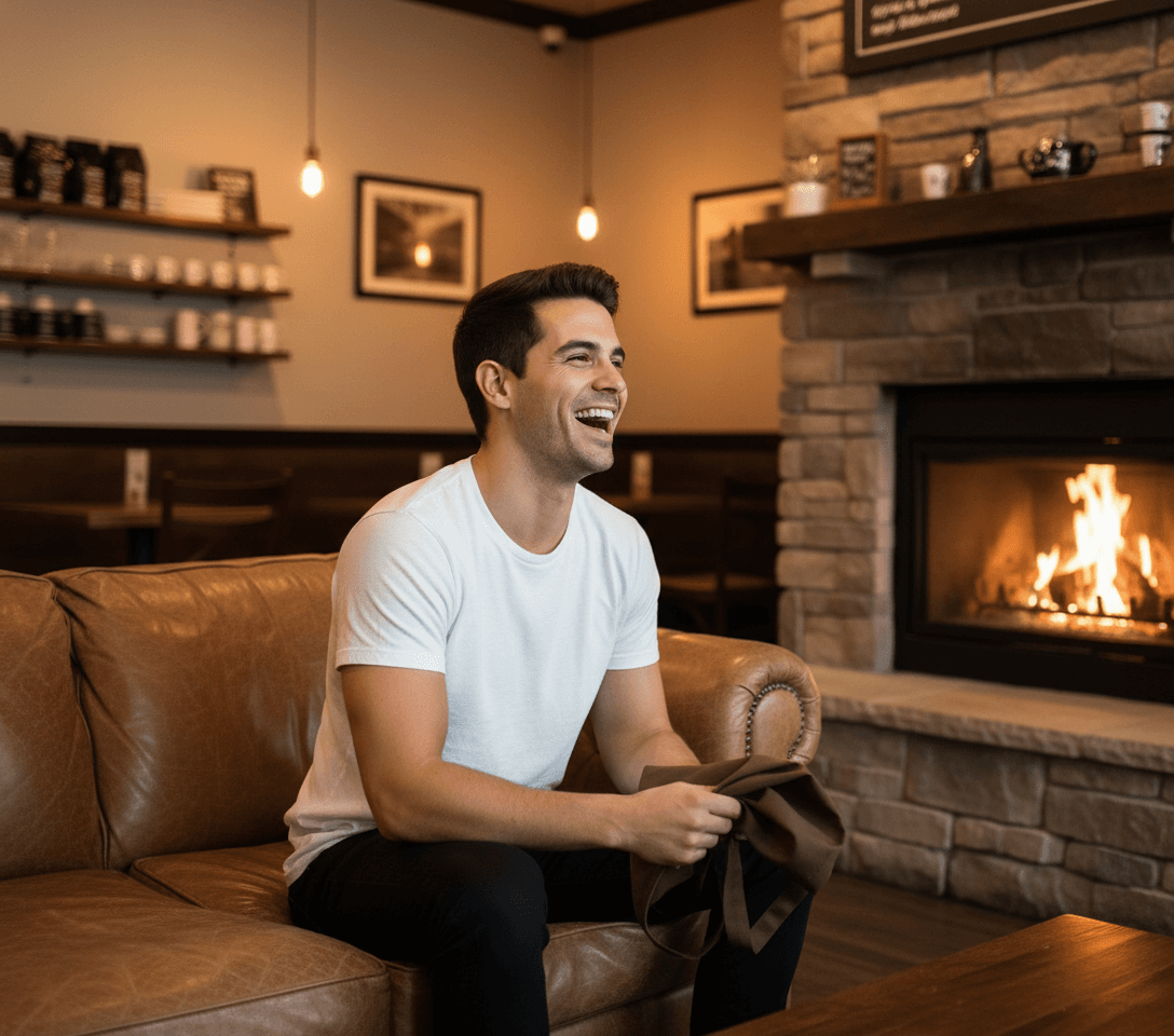 AI generated: Male Hispanic barista 5'2" tall, at a warm coffee shop seated at a cozy couch at the coffee shop nex...
