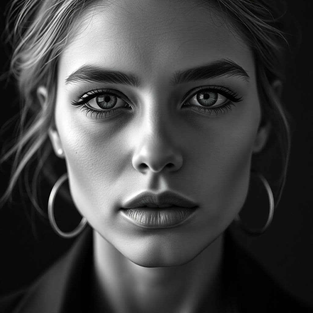 AI generated: fashion photography, cover photo, black and white, female model, facing the camera, shot on Sony A7 ...