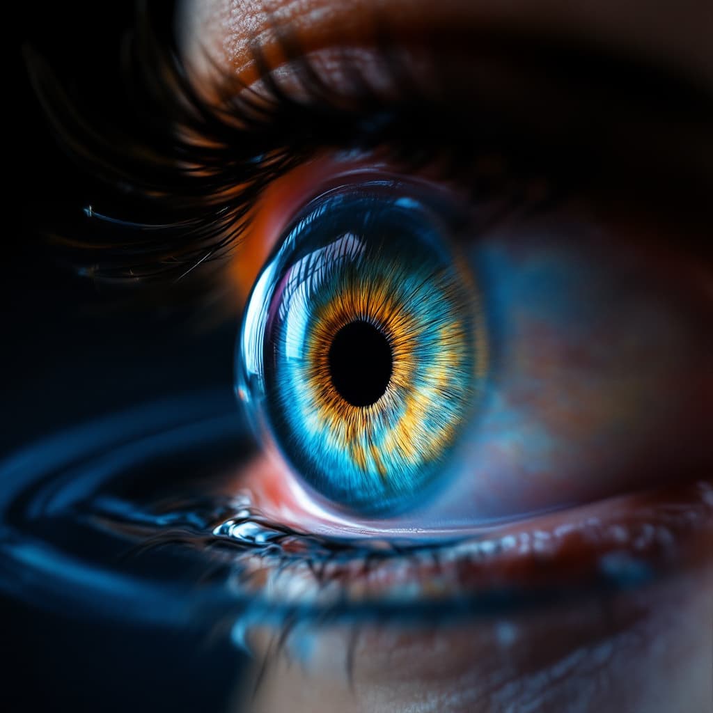 AI generated: A jaw-dropping, whimsical close-up image of an eye's iris and pupil suspended inside a single water ...