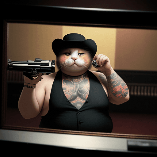 AI generated: A photograph styled to mirror a 1970s cinema frame, Fat cat with tattoos, gangster, gun, adding to t...