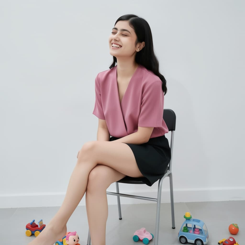 AI generated: young woman,lingeriemodel,sitting on a chair laughthing,blink,pink,toys youngest