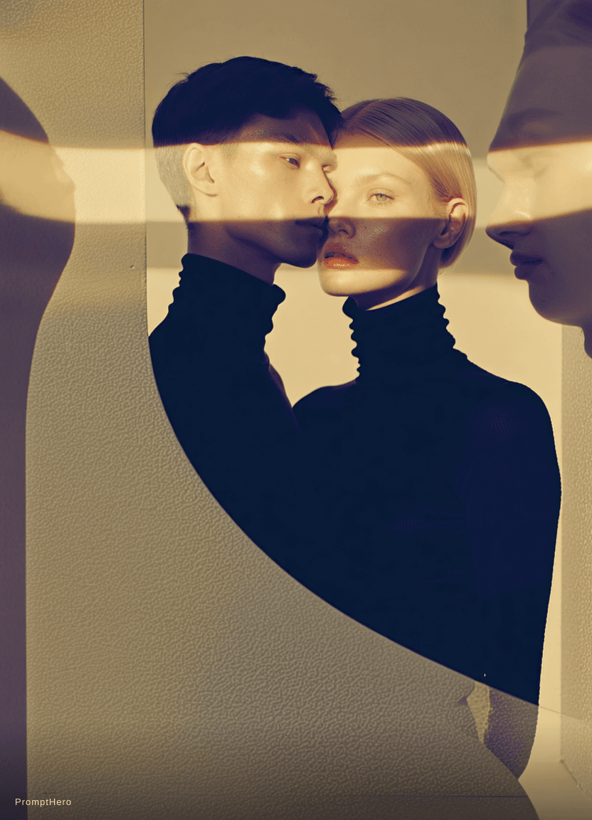 AI generated: A minimalist black and white cinematic portrait featuring two individuals (male and female) in stric...