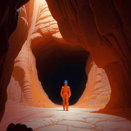 AI generated: A young man in an orange jumpsuit is surrounded in the style of Jean Giraud Moebius, walking through...