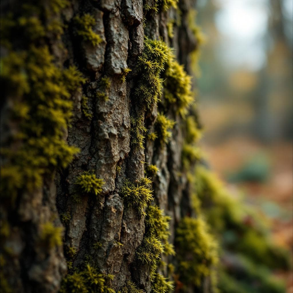 AI generated: High-resolution close-up of tree bark with moss, autumn setting, rich earthy detail – background for...