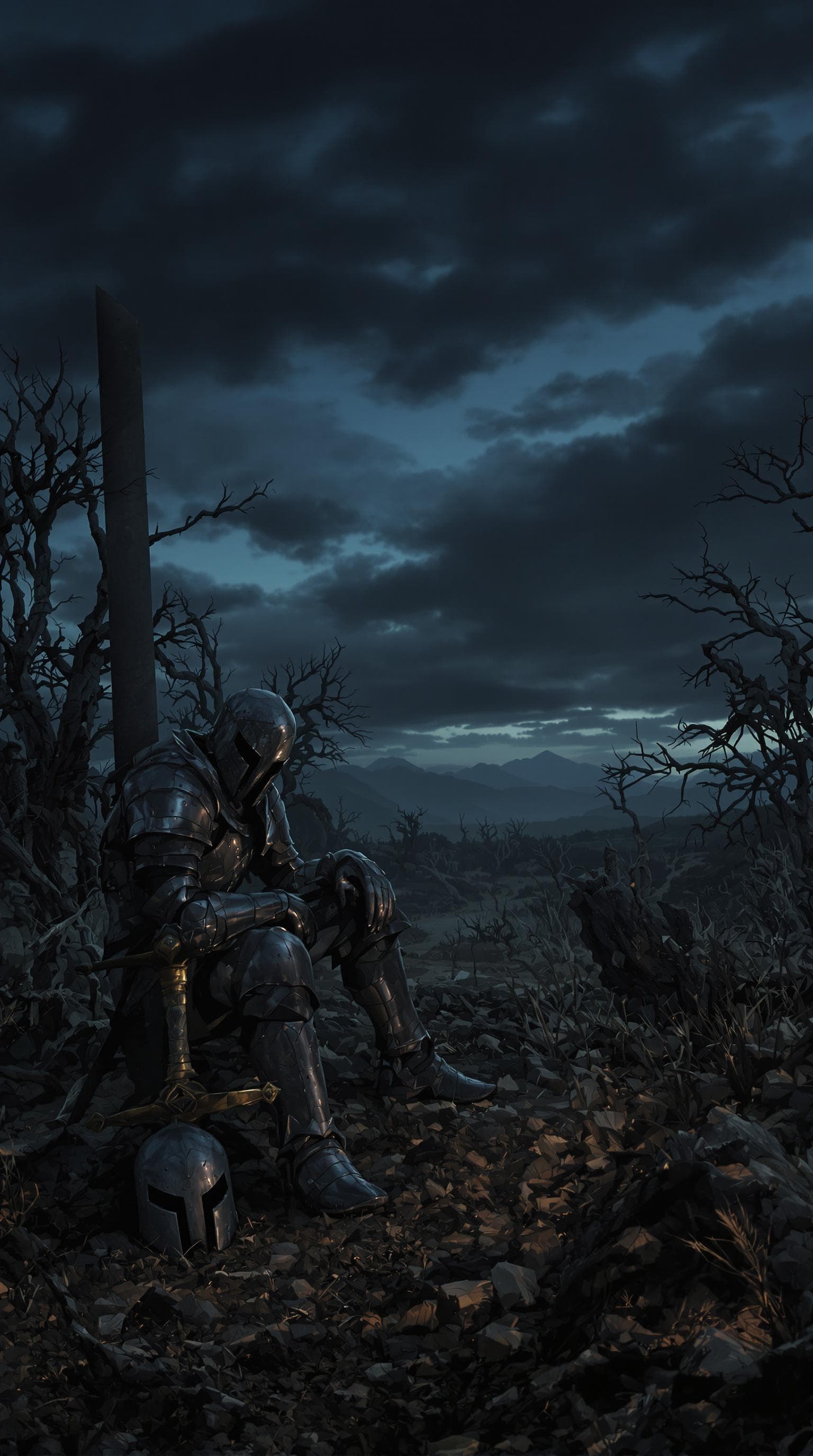 AI generated: Create a highly detailed, dark fantasy scene of a weary knight sitting in a desolate, overgrown fiel...
