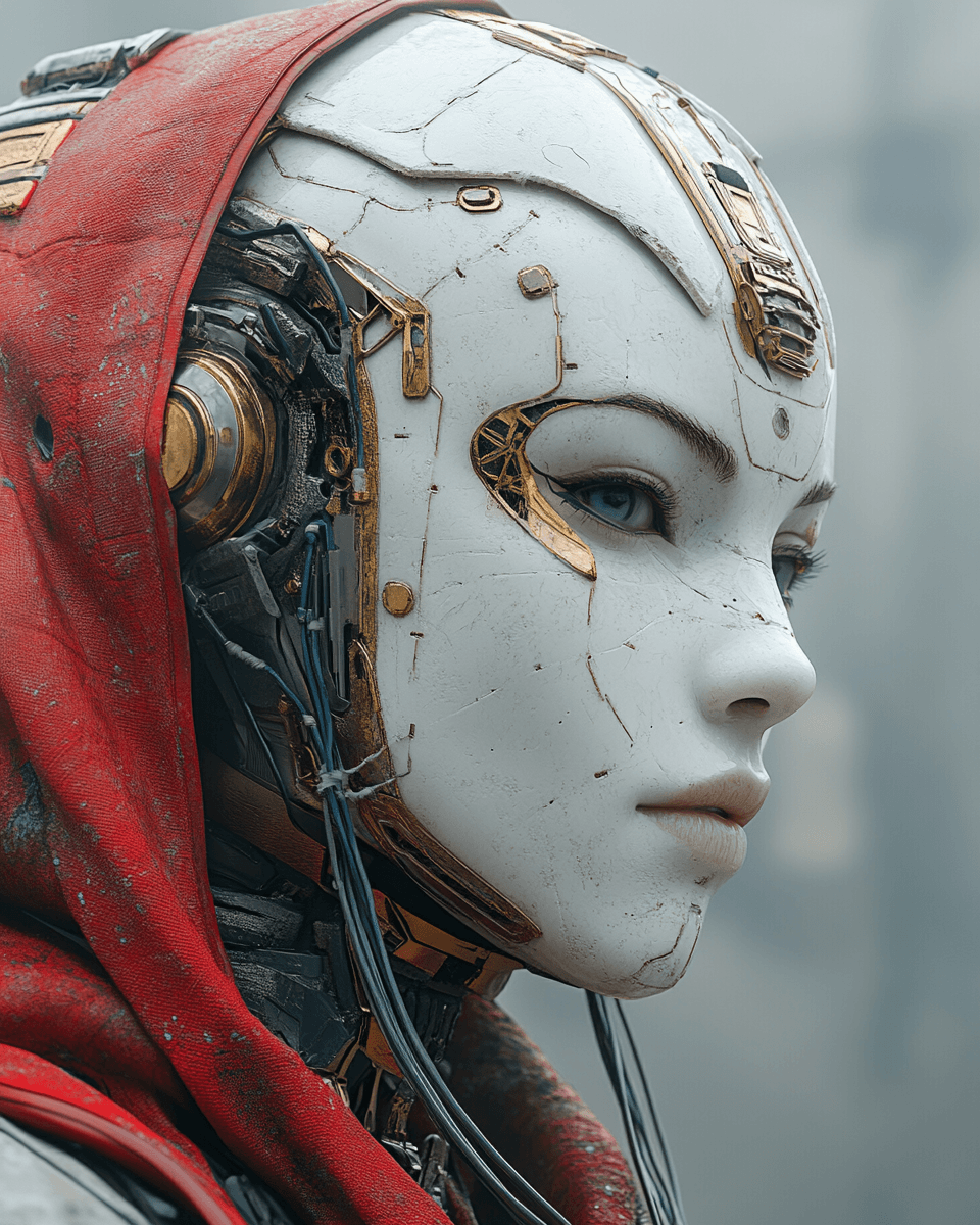 AI generated: Beautiful female cyborg with white porcelain face and mechanical parts, wearing samurai armor in the...