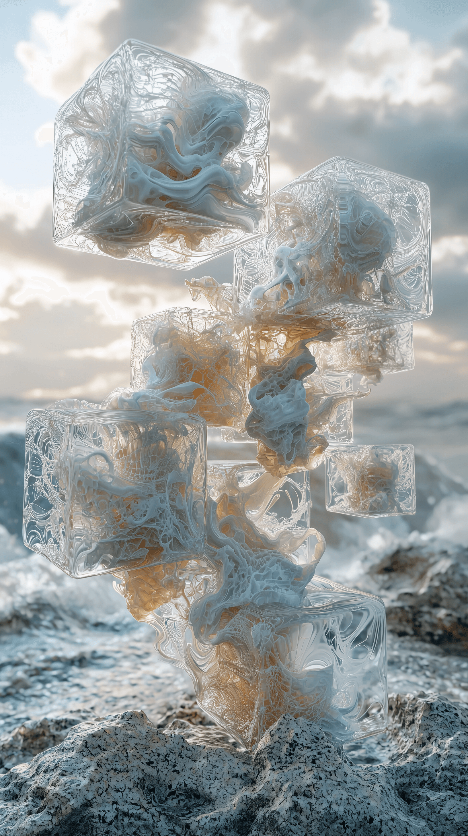 AI generated: surrealist abstract sculpture, floating cubic sculptures layered with elaborate swirling ink pattern...