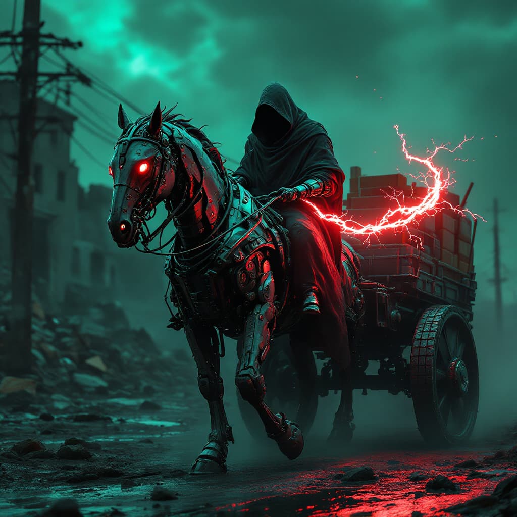 AI generated: "Create a highly detailed and cinematic image of a post-apocalyptic scene featuring a cloaked figure...