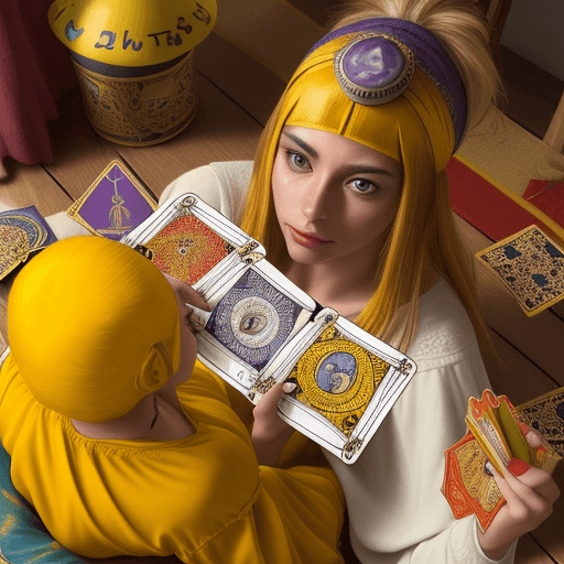 AI generated: una foto realista, de una chica de 20 años, usando un hottie amarillo, leyendo las cartas del tarot,...